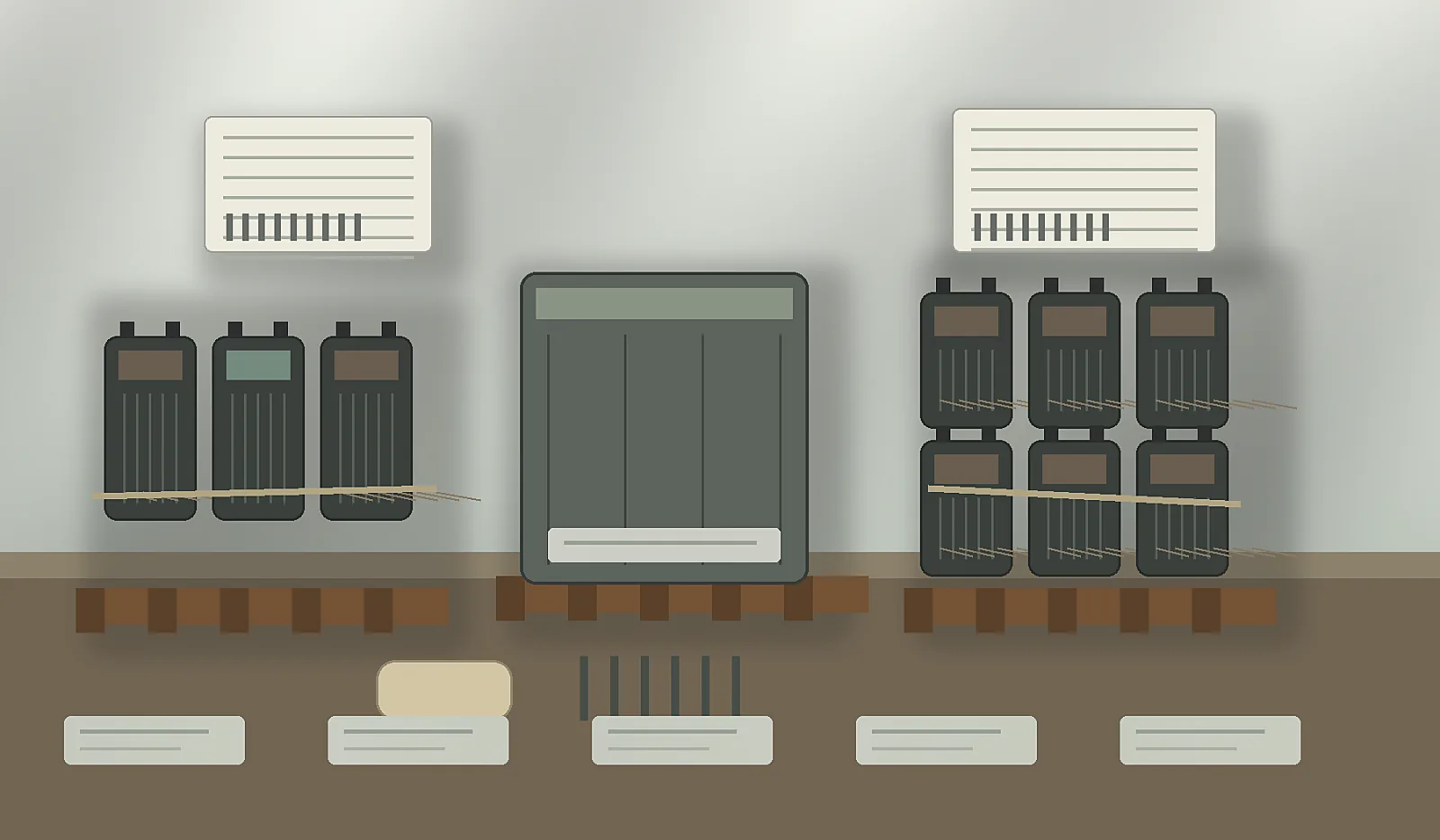 Unbranded lead-acid replacement batteries, return labels, core-charge paperwork and palletized collection bins arranged for a takeback evidence review.
