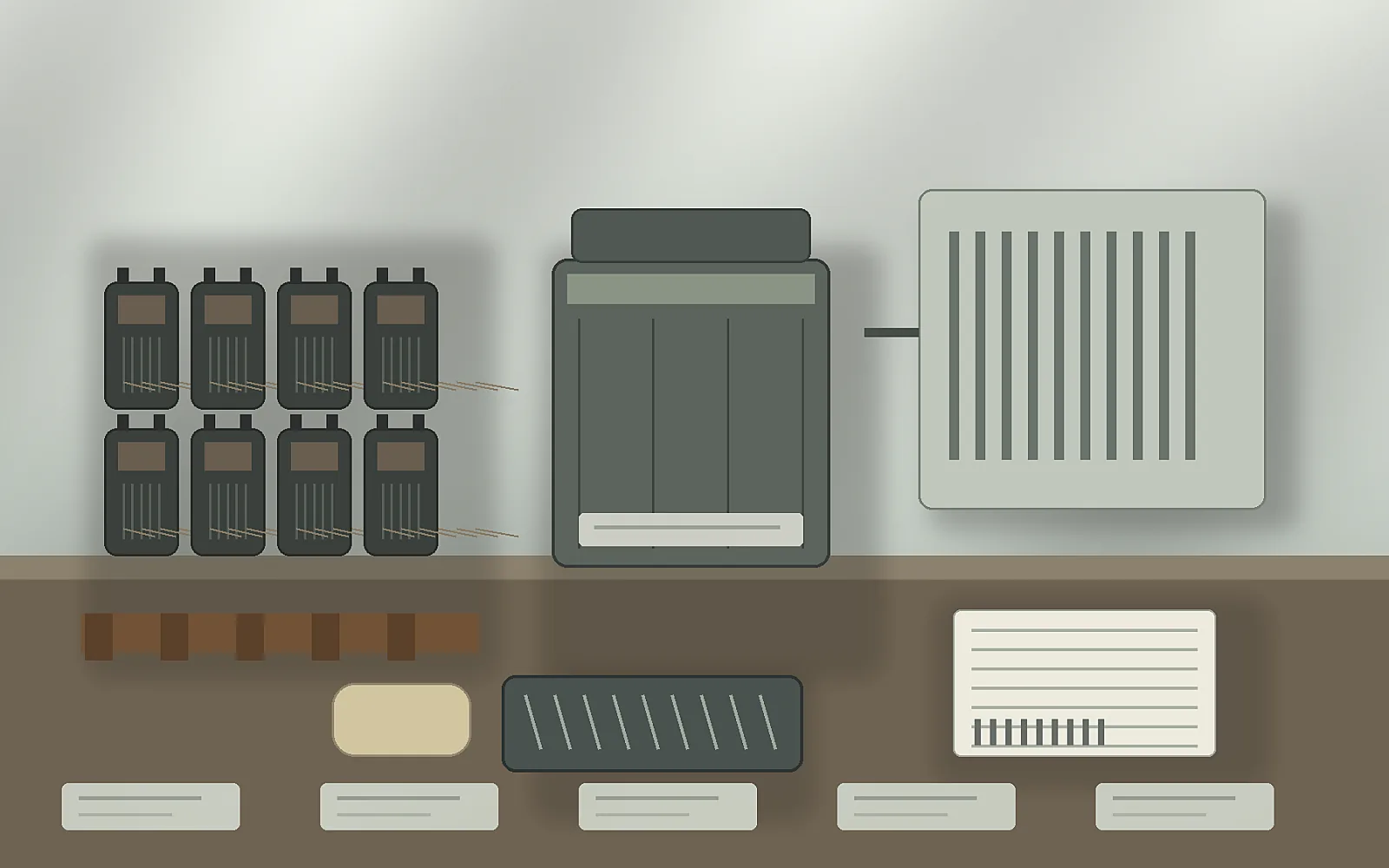 A generic distributor warehouse scene with unbranded used battery pallets, sealed acid-resistant containers, barcode-like labels and blurred recycling manifests for channel documentation.