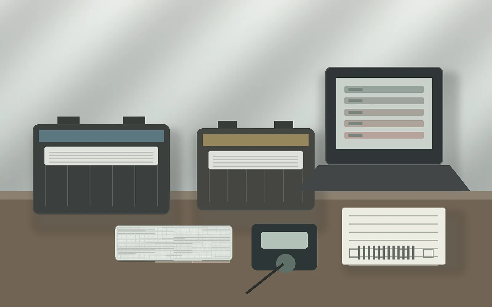 A generic battery distributor work surface showing unbranded AGM and EFB samples beside a laptop-like catalog screen with unreadable fitment blocks and warranty return forms.